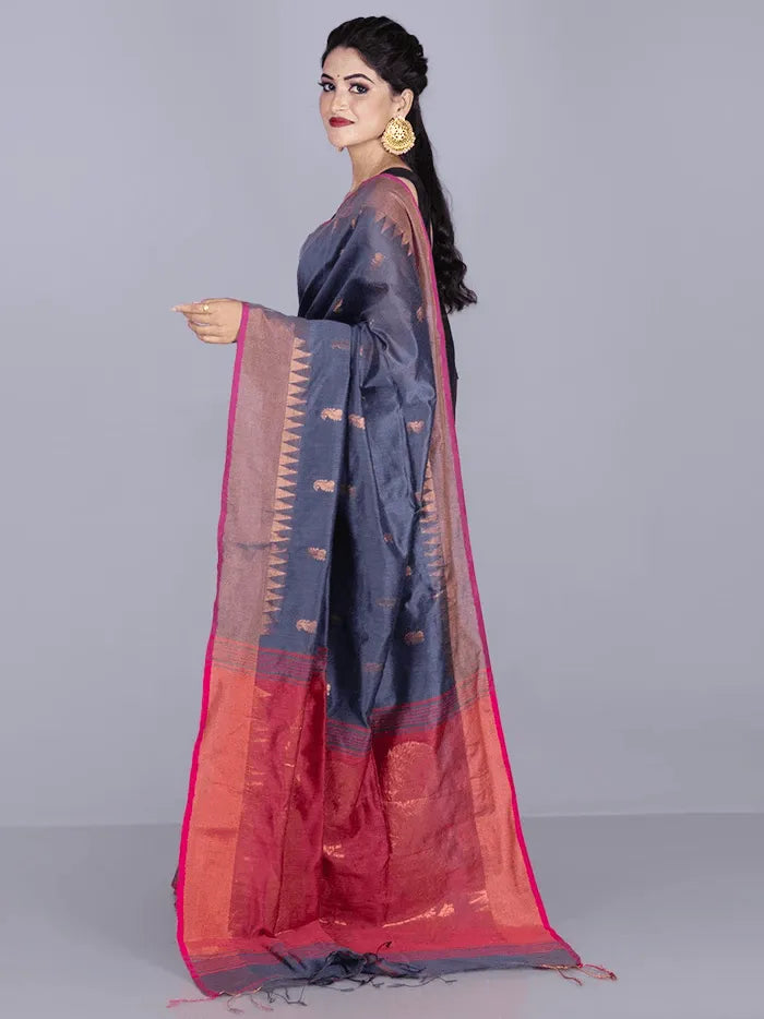 Elegant Black Gray Par Anchal Buti Handloom Saree - WeaversIndia