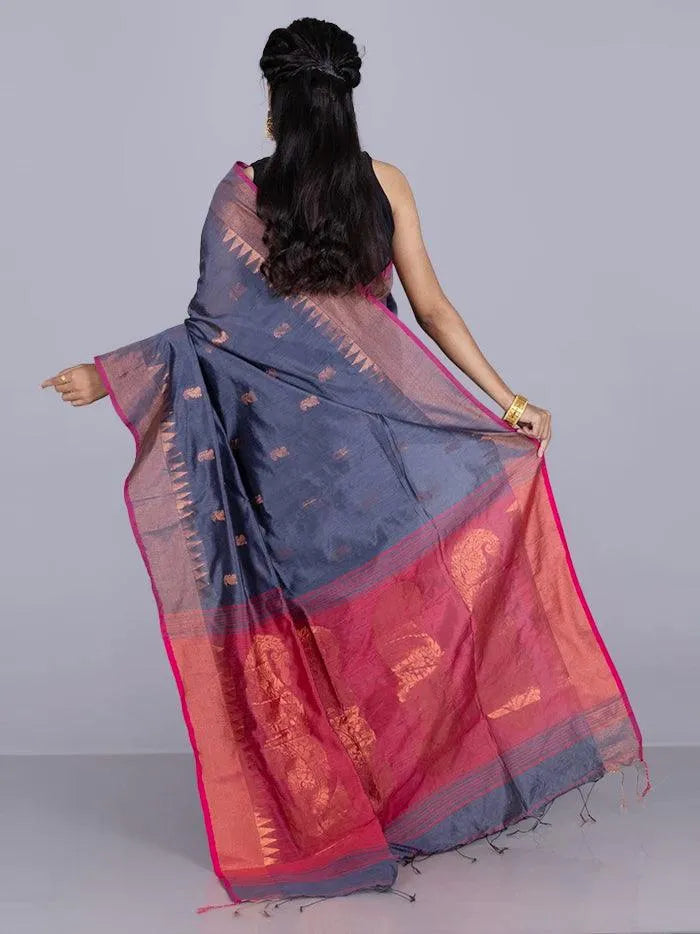 Elegant Black Gray Par Anchal Buti Handloom Saree - WeaversIndia