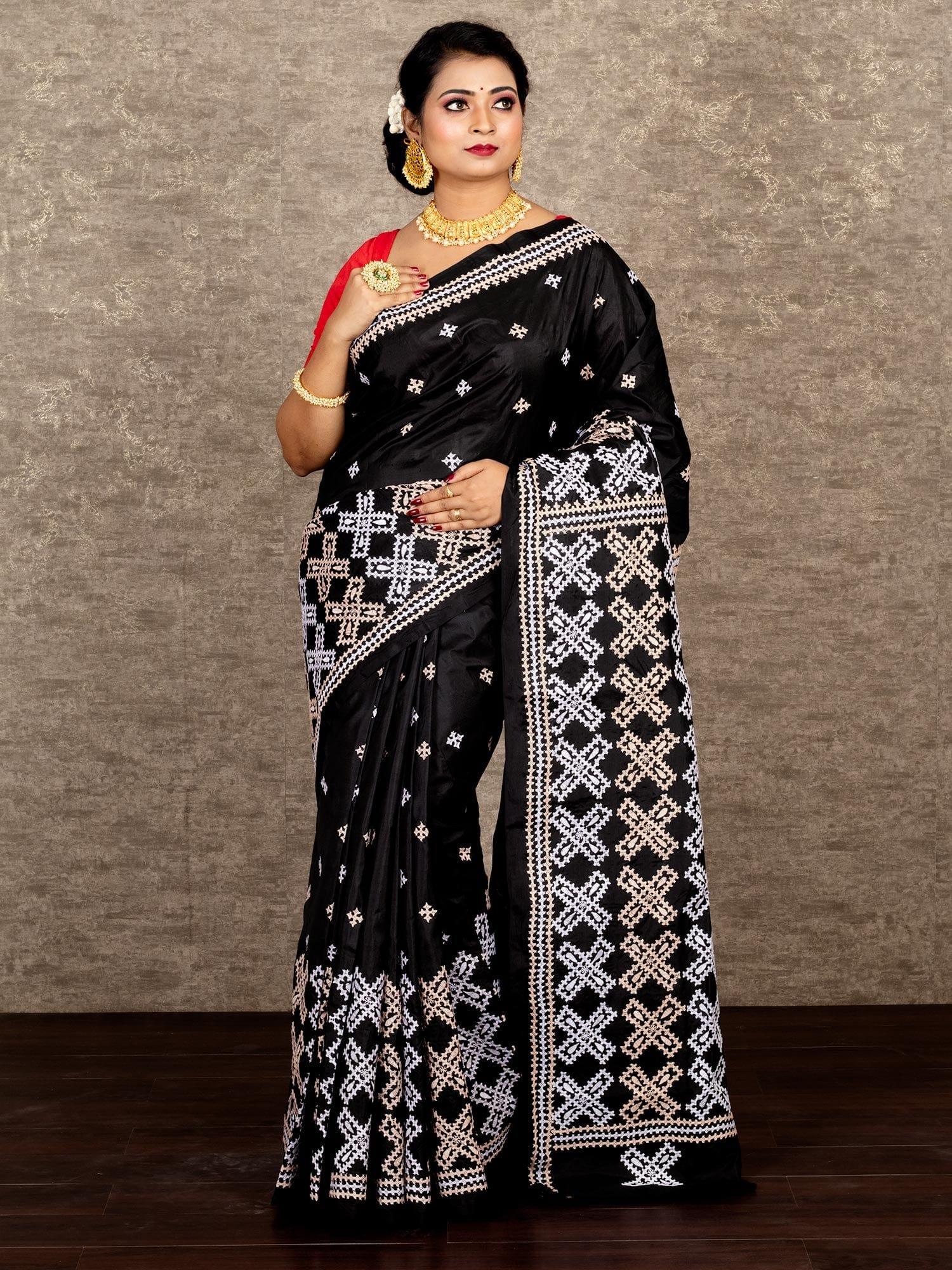 Elegant Black Gujrati Kantha Stitch Bangalore Silk Saree - WeaversIndia