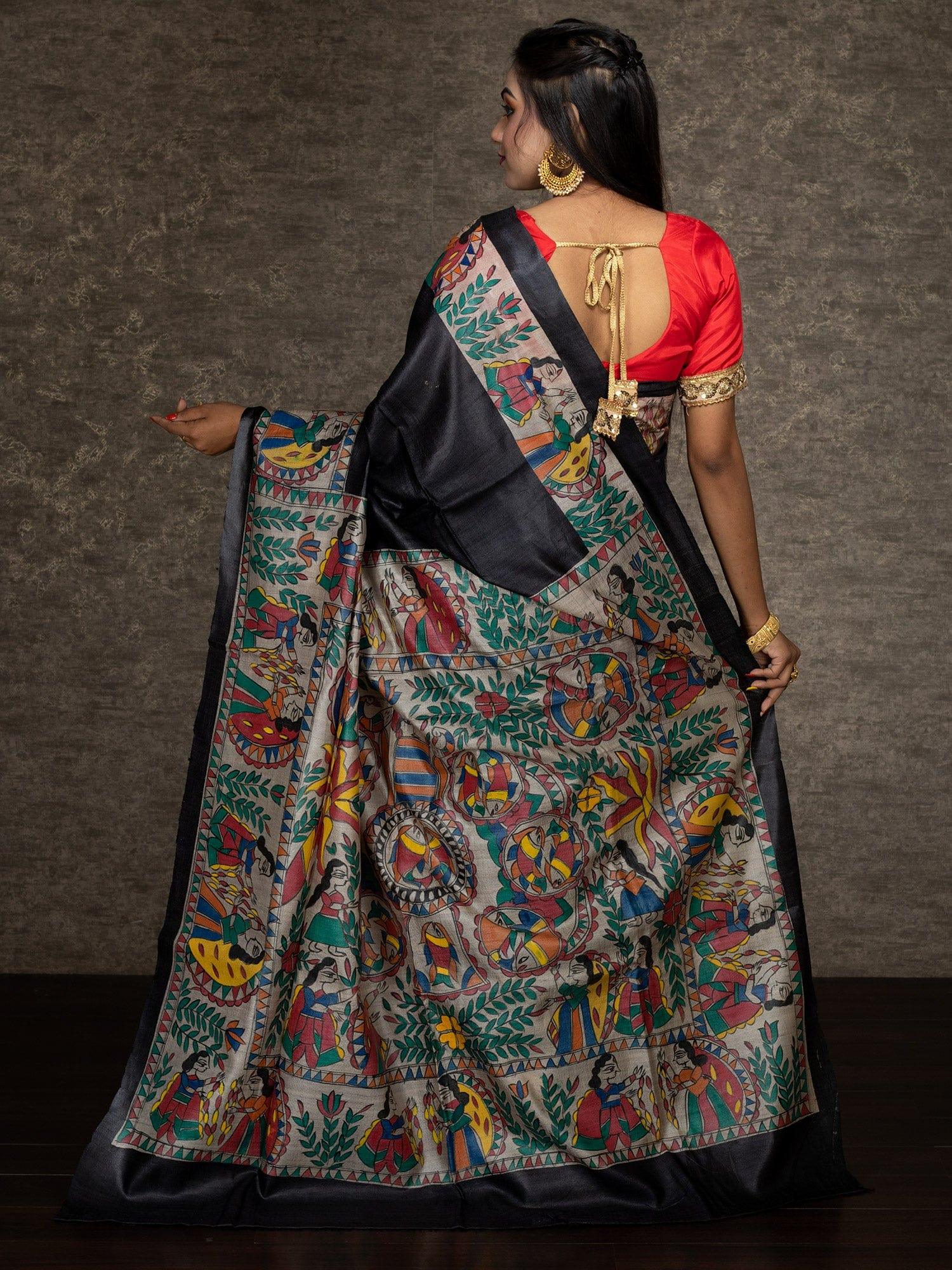 Elegant Black Hand Painted Madhubani Tussar Silk Saree - WeaversIndia