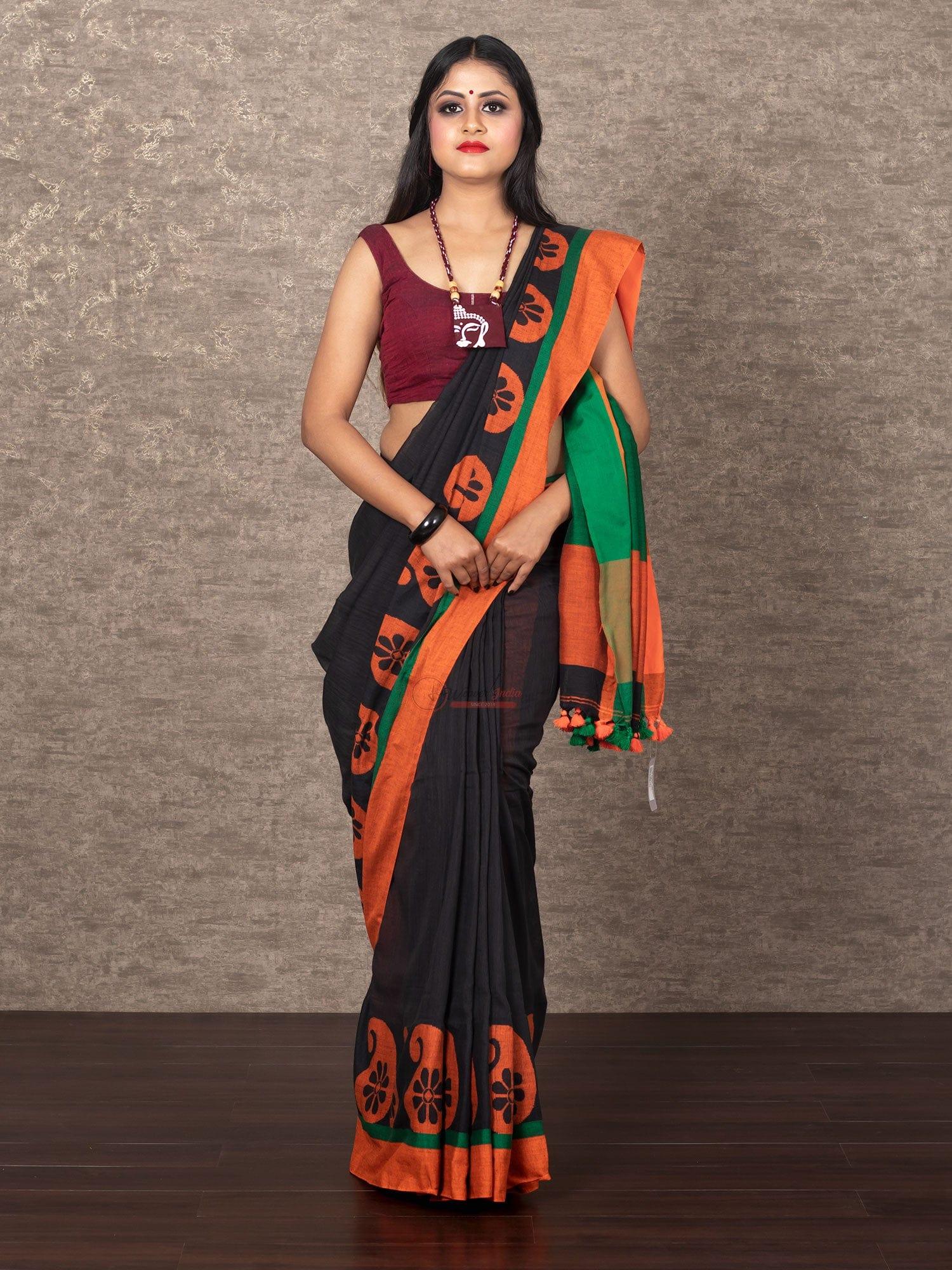 Elegant Black Kolka Border Par Anchal Cotton Saree - WeaversIndia