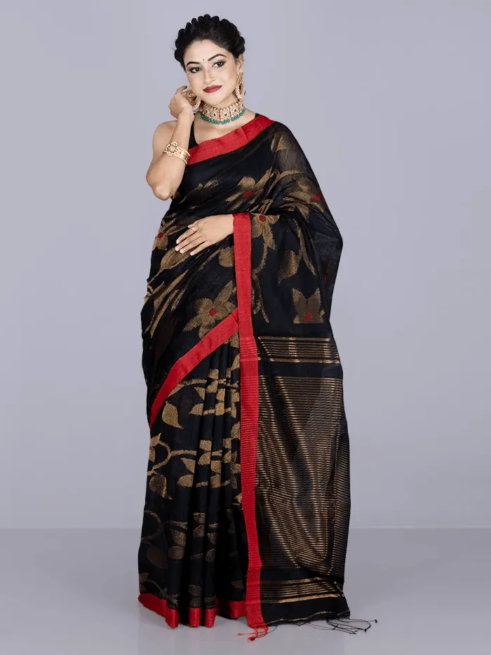 Elegant Black Par Anchal Buti Handloom Saree - WeaversIndia