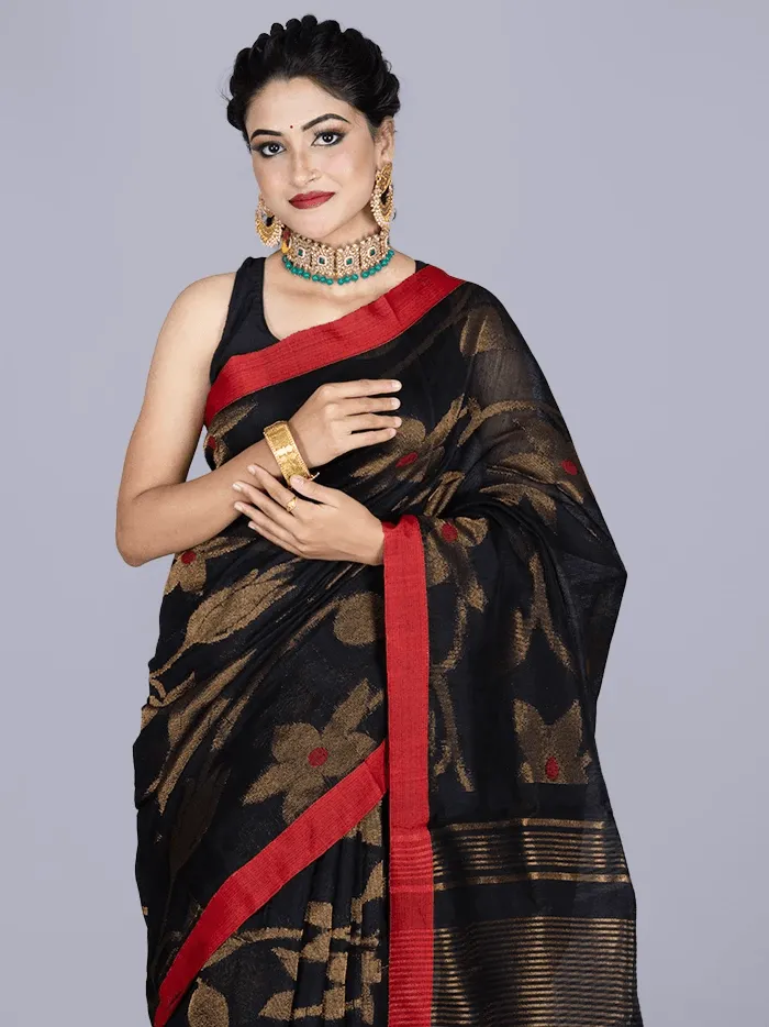 Elegant Black Par Anchal Buti Handloom Saree - WeaversIndia