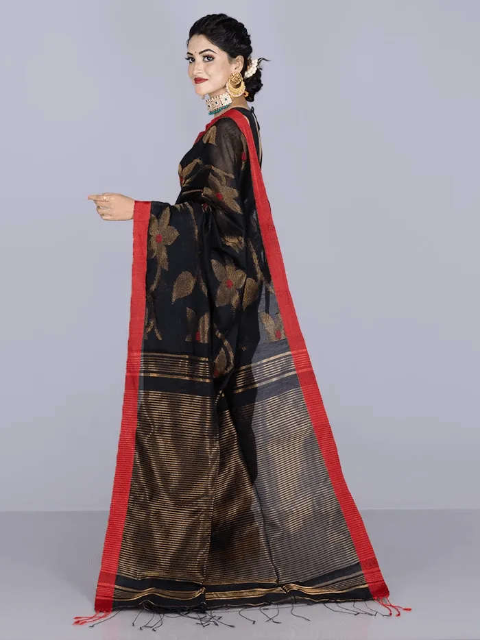 Elegant Black Par Anchal Buti Handloom Saree - WeaversIndia