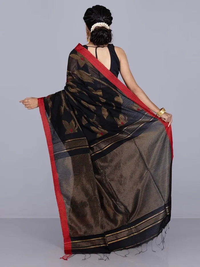 Elegant Black Par Anchal Buti Handloom Saree - WeaversIndia