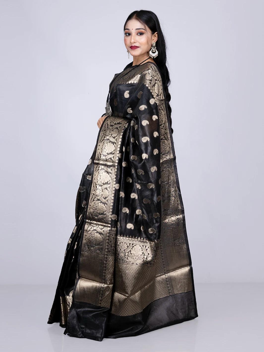 Elegant Black Par Anchal Buti Linen Silk Saree - WeaversIndia