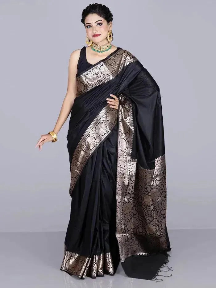 Elegant Black Par Anchal Katan Silk Saree - WeaversIndia