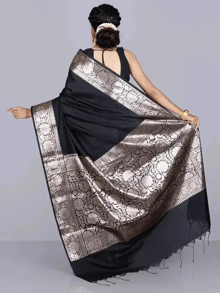 Elegant Black Par Anchal Katan Silk Saree - WeaversIndia