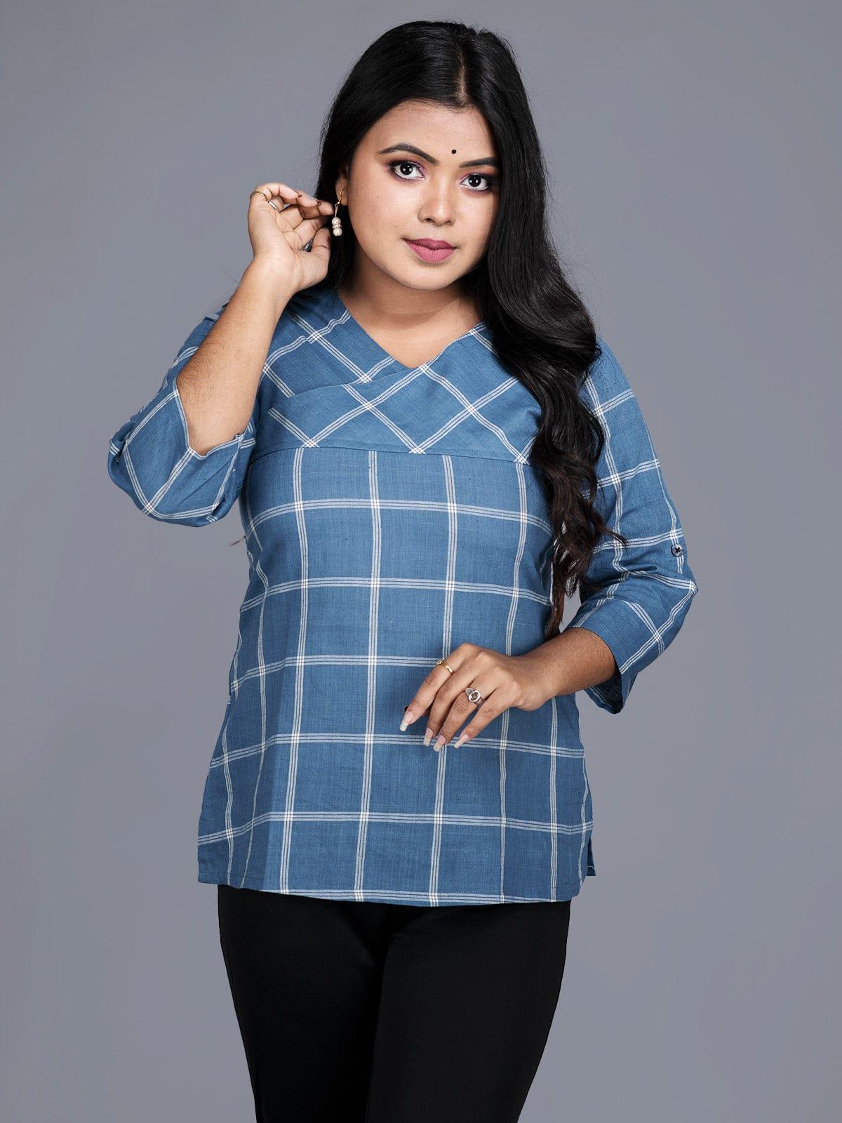 Elegant Blue Checks Handwoven Cotton Top - WeaversIndia