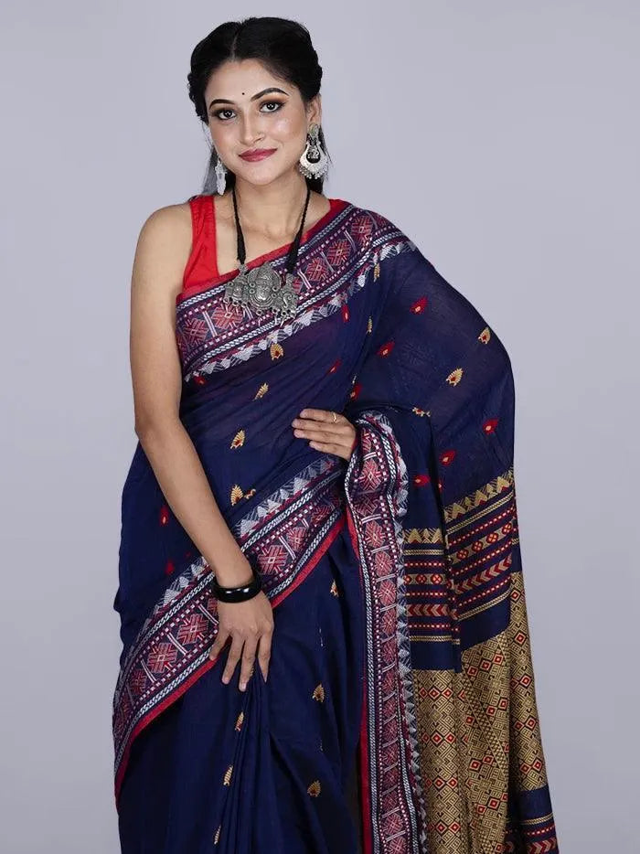 Elegant Blue Par Anchal Buti Handloom Saree - WeaversIndia