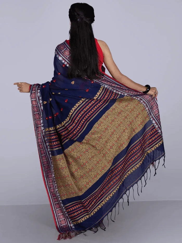 Elegant Blue Par Anchal Buti Handloom Saree - WeaversIndia