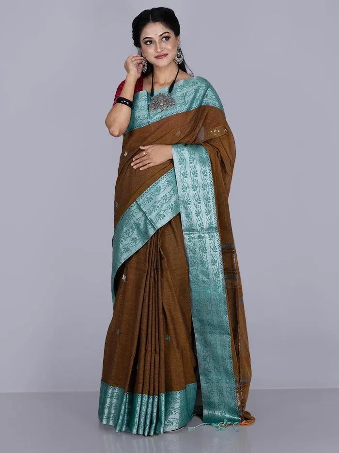 Elegant Brown Par Anchal Buti Blend Cotton Handloom Saree - WeaversIndia