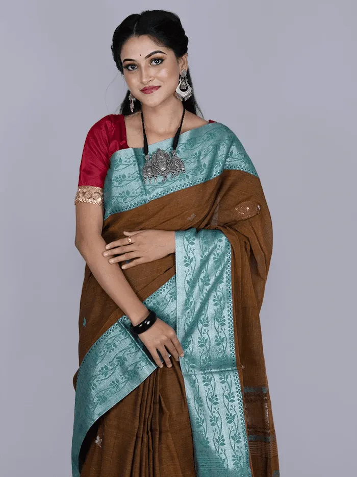 Elegant Brown Par Anchal Buti Blend Cotton Handloom Saree - WeaversIndia