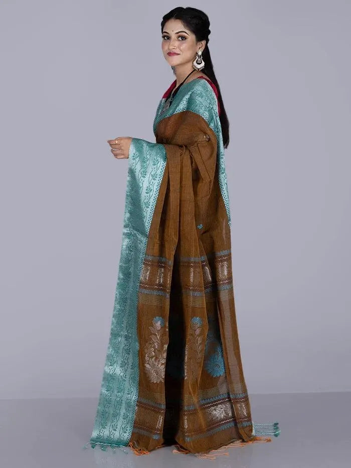 Elegant Brown Par Anchal Buti Blend Cotton Handloom Saree - WeaversIndia