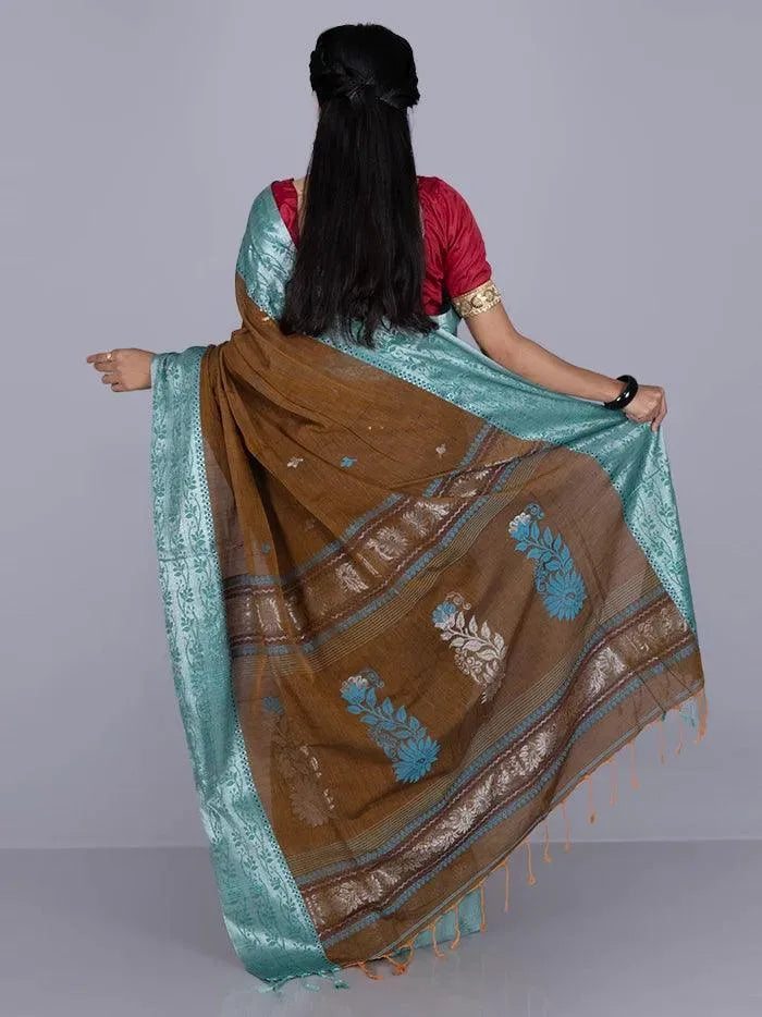 Elegant Brown Par Anchal Buti Blend Cotton Handloom Saree - WeaversIndia