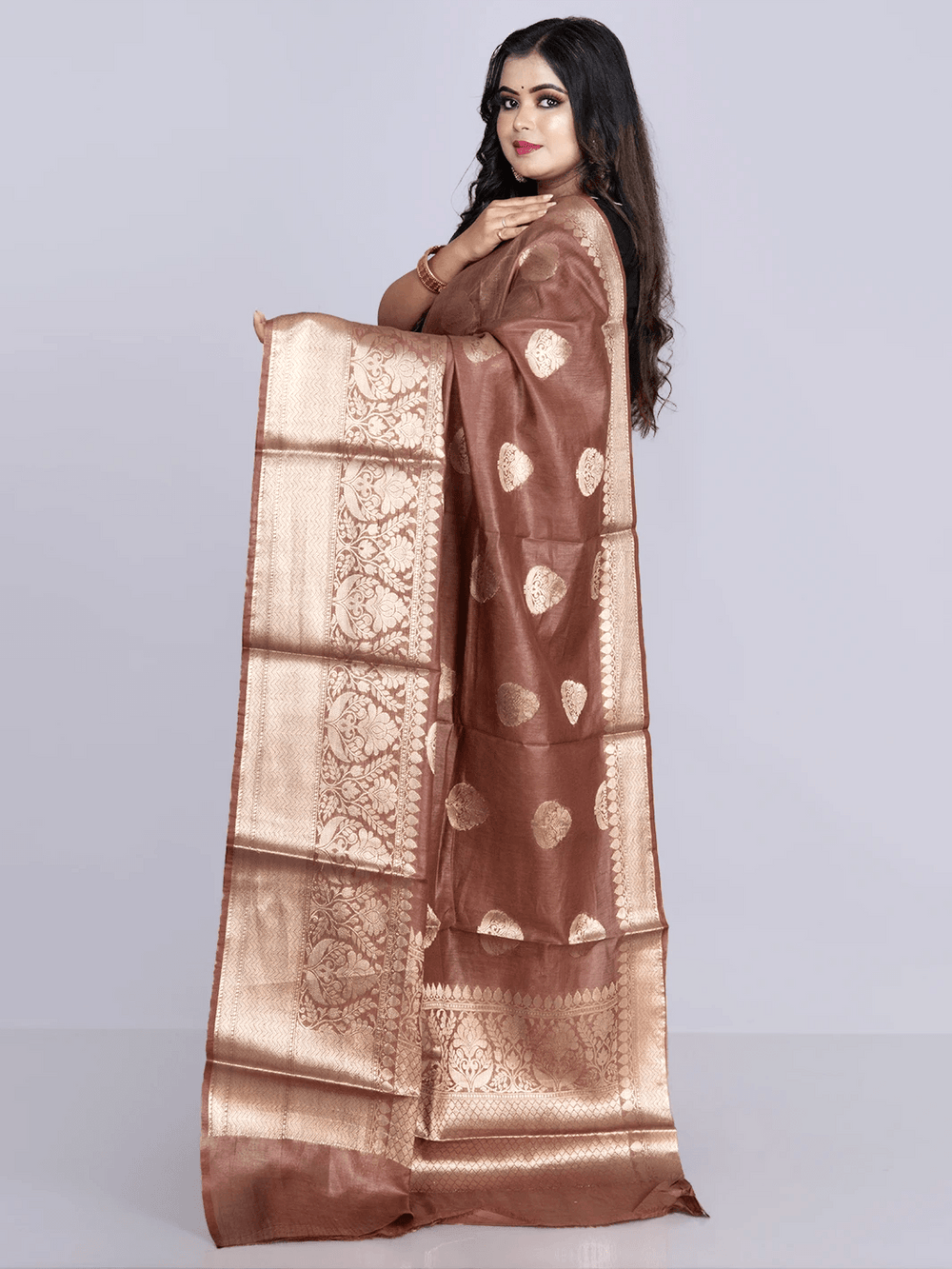 Elegant Brown Par Anchal Buti Linen Silk Saree - WeaversIndia