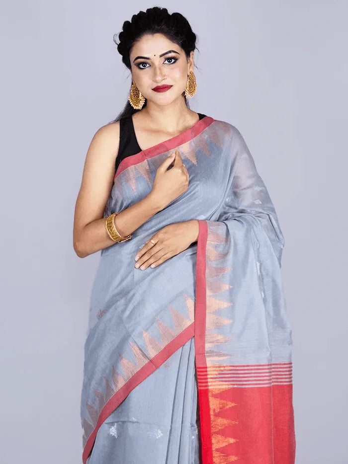 Elegant Cadet Gray Par Anchal Buti Handloom Saree - WeaversIndia