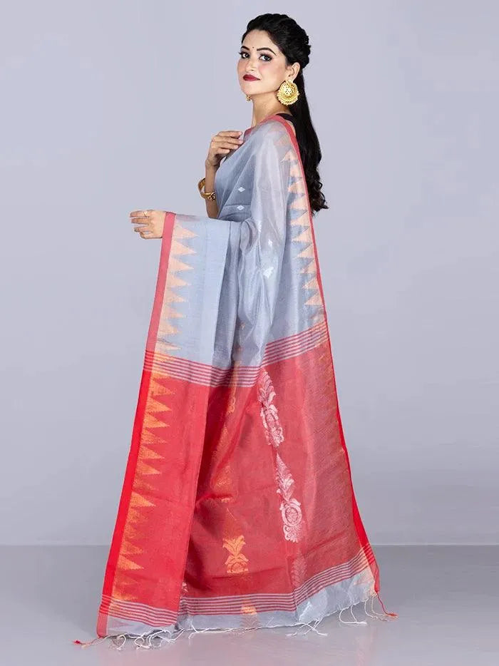 Elegant Cadet Gray Par Anchal Buti Handloom Saree - WeaversIndia