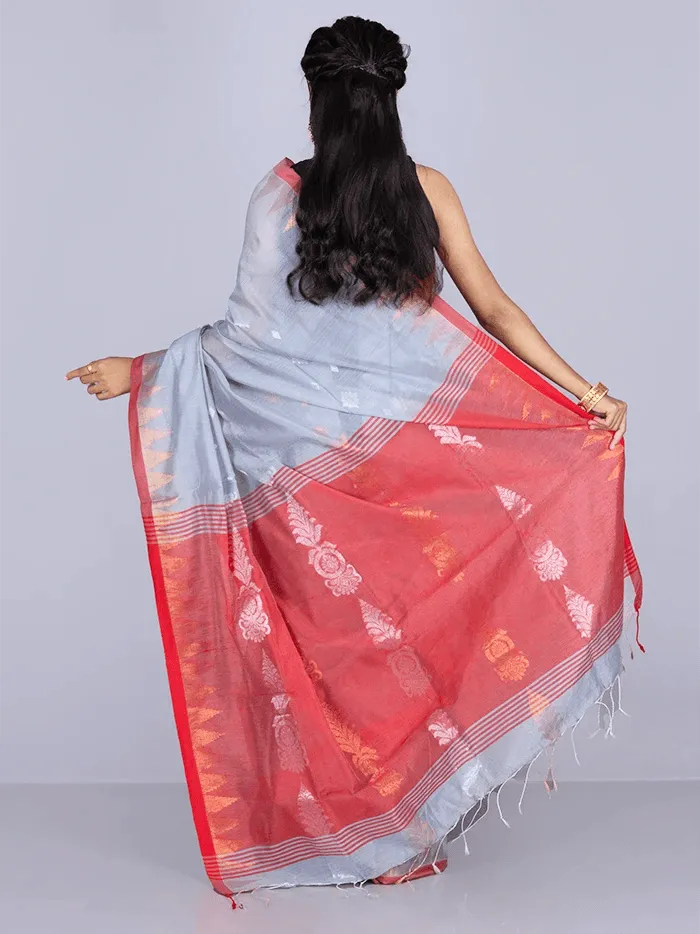 Elegant Cadet Gray Par Anchal Buti Handloom Saree - WeaversIndia