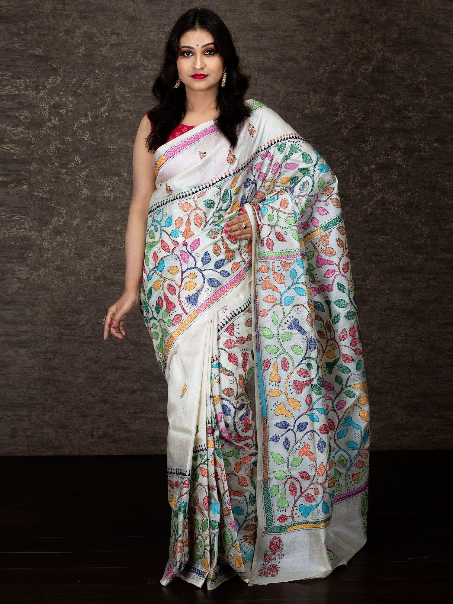 Kutch Embroidered Tussar Saree with Kantha & Mirror Work | ARS197