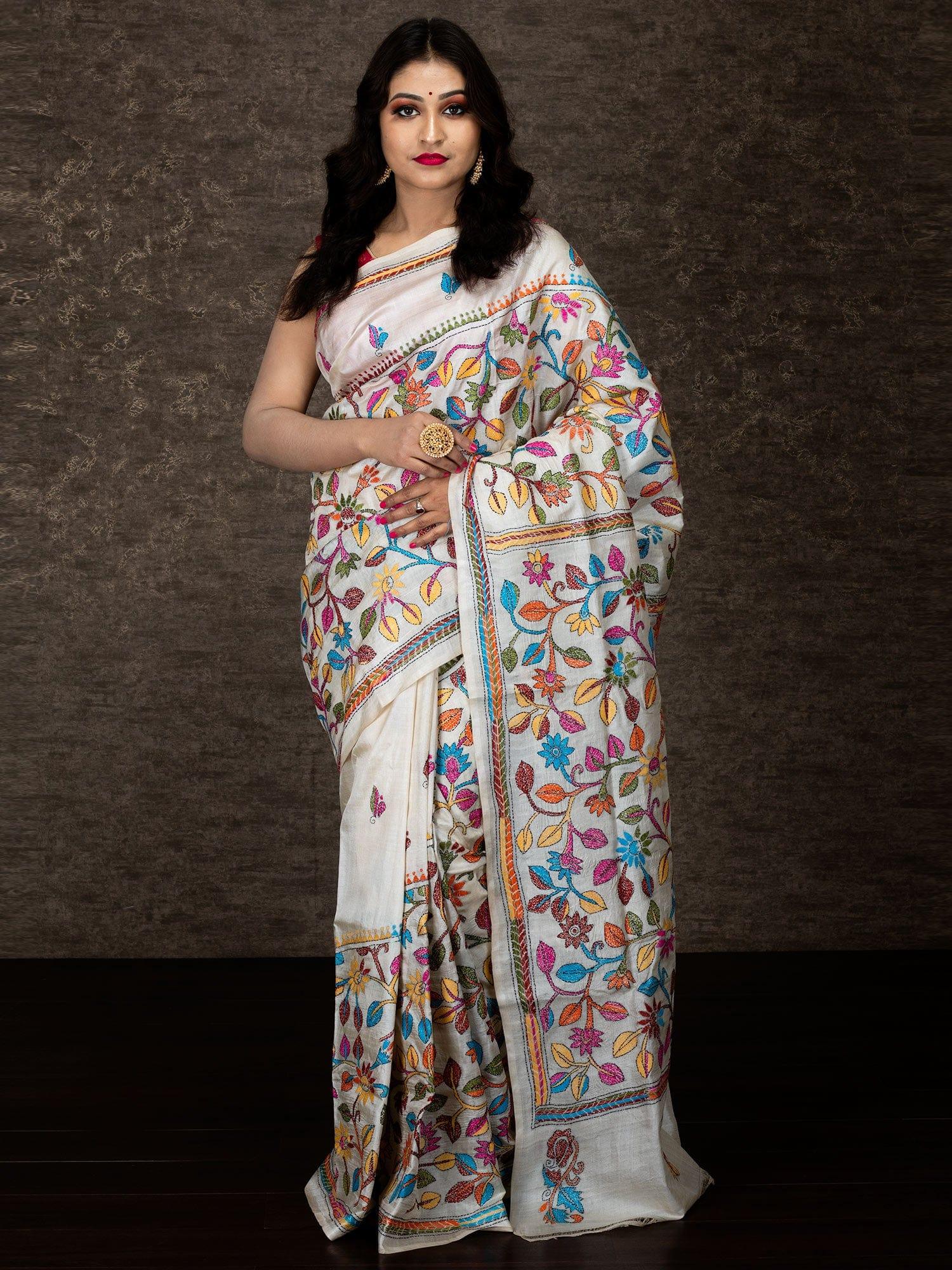 Elegant Corner To Corner Kantha Stitch Tussar Silk Saree - WeaversIndia