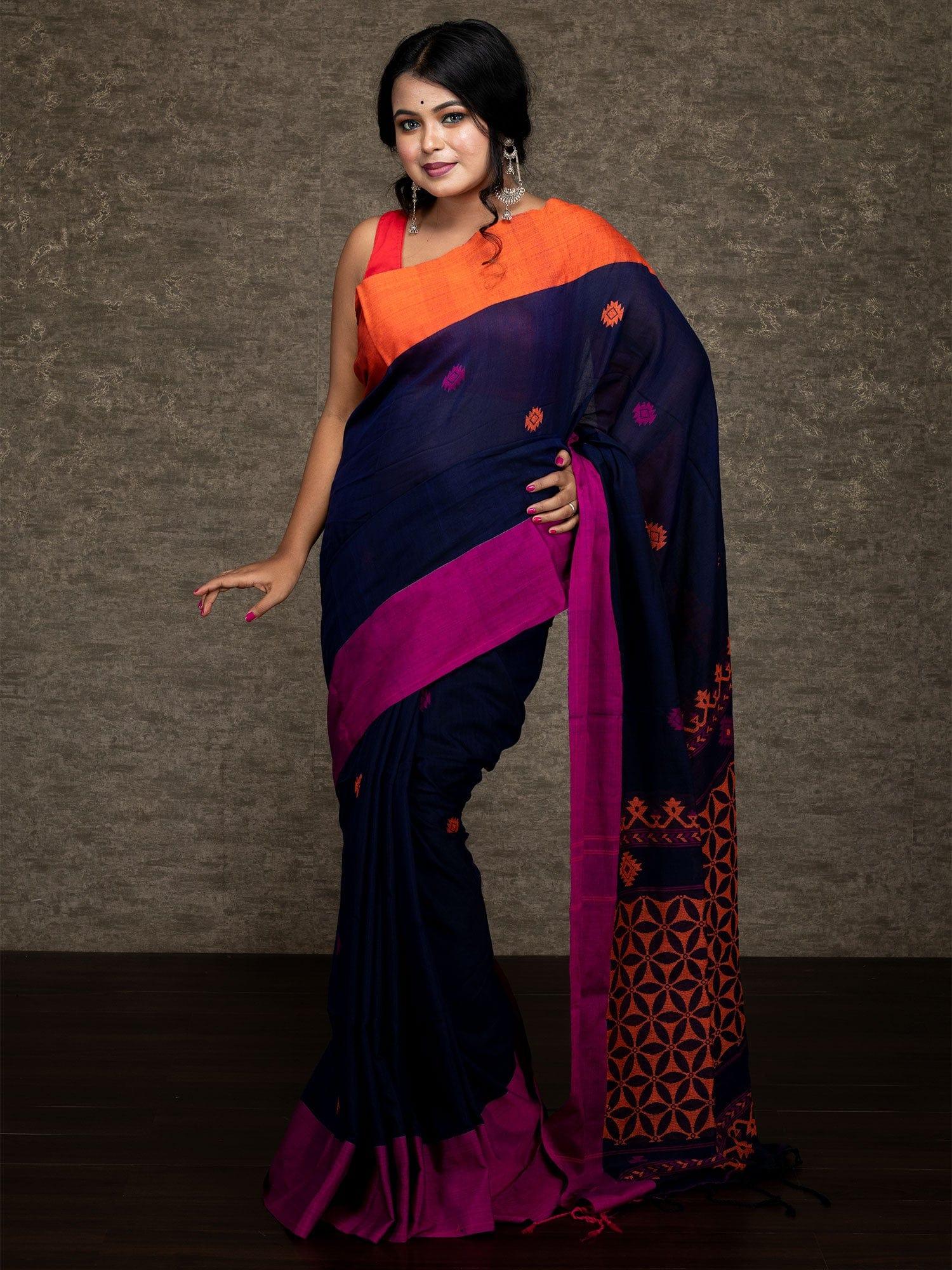 Elegant Deep Blue Handwoven Cotton Saree - WeaversIndia