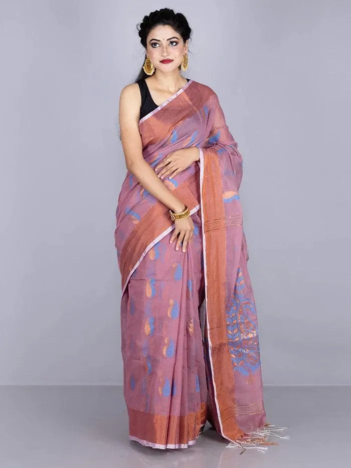 Elegant English lavender Par Anchal Buti Handloom Saree - WeaversIndia