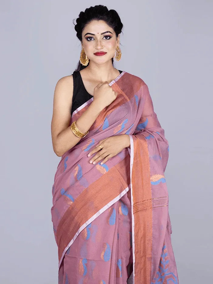 Elegant English lavender Par Anchal Buti Handloom Saree - WeaversIndia