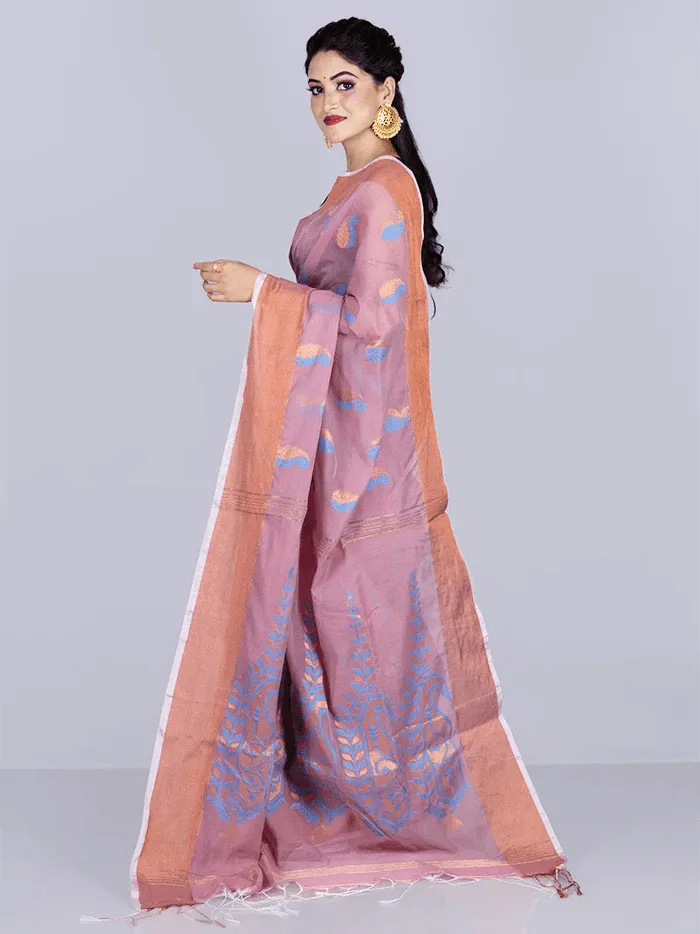 Elegant English lavender Par Anchal Buti Handloom Saree - WeaversIndia