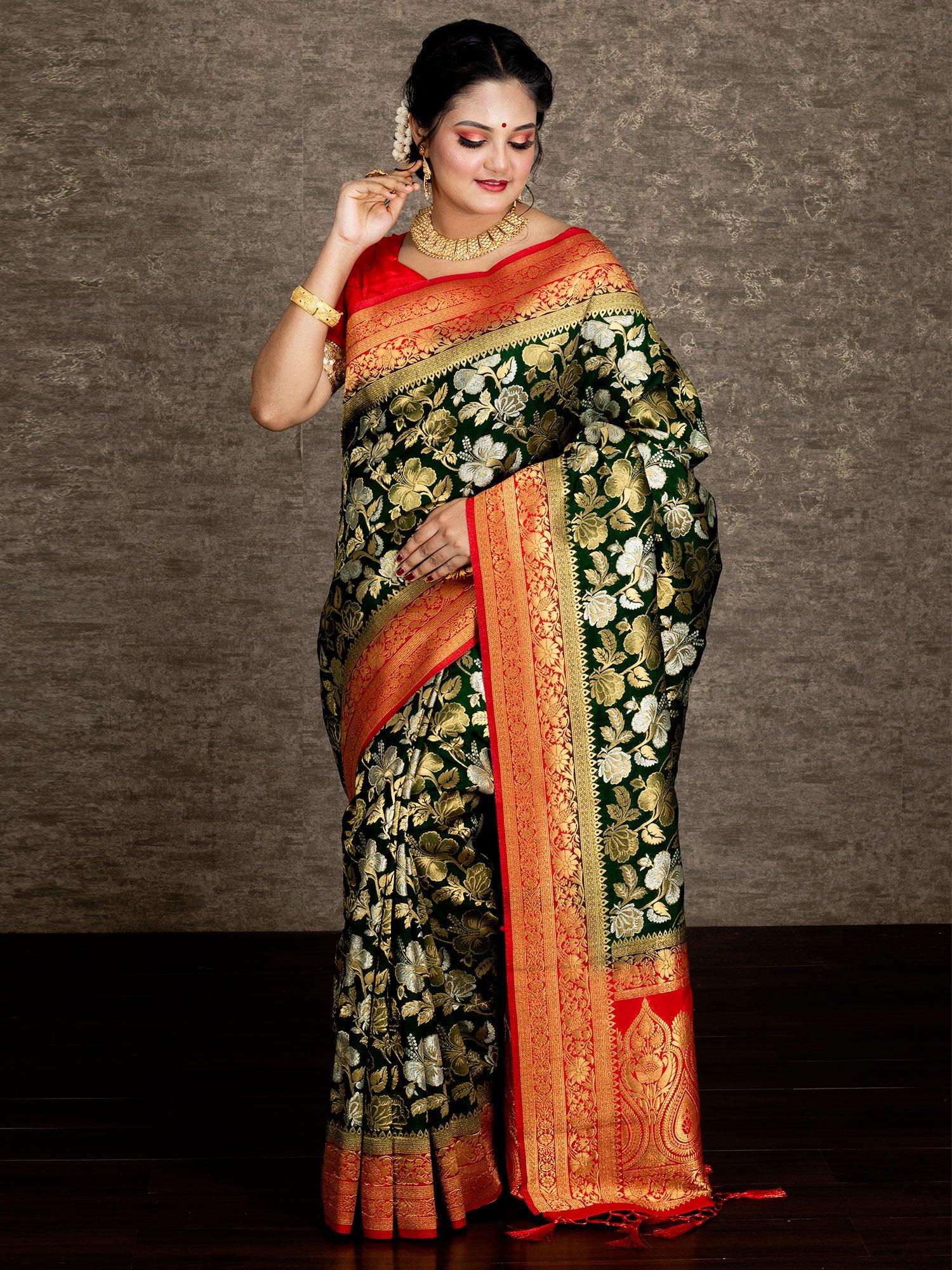 Elegant Forest Green Allover Organza Silk Saree - WeaversIndia