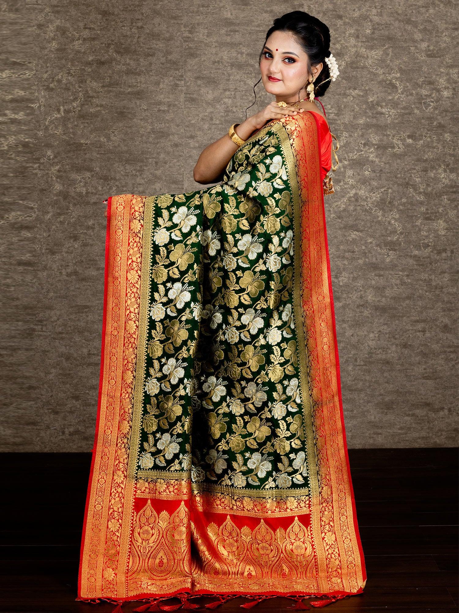 Elegant Forest Green Allover Organza Silk Saree - WeaversIndia