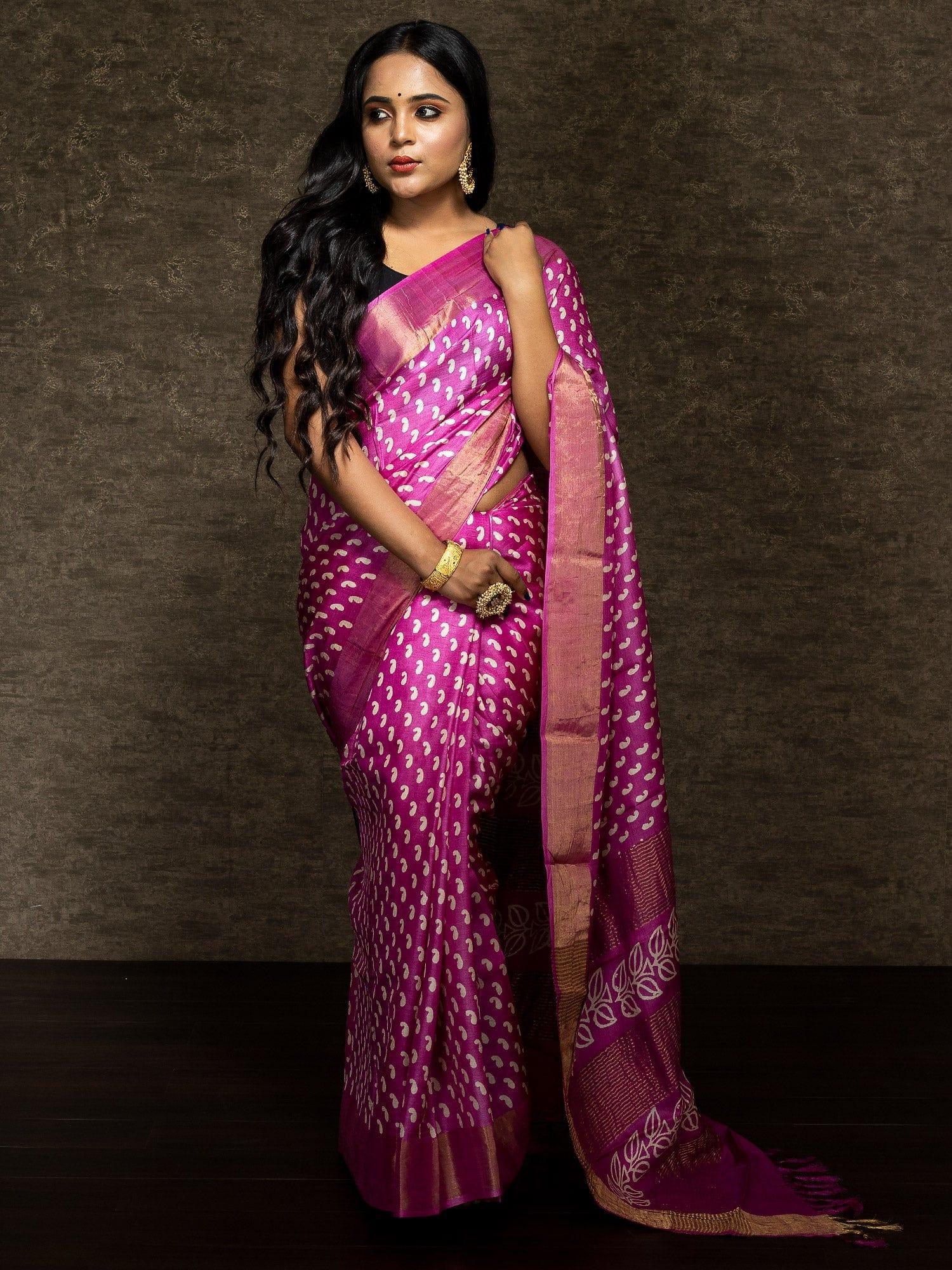 Elegant Frastbite Pink Allover Block Printed Tussar Silk Saree - WeaversIndia