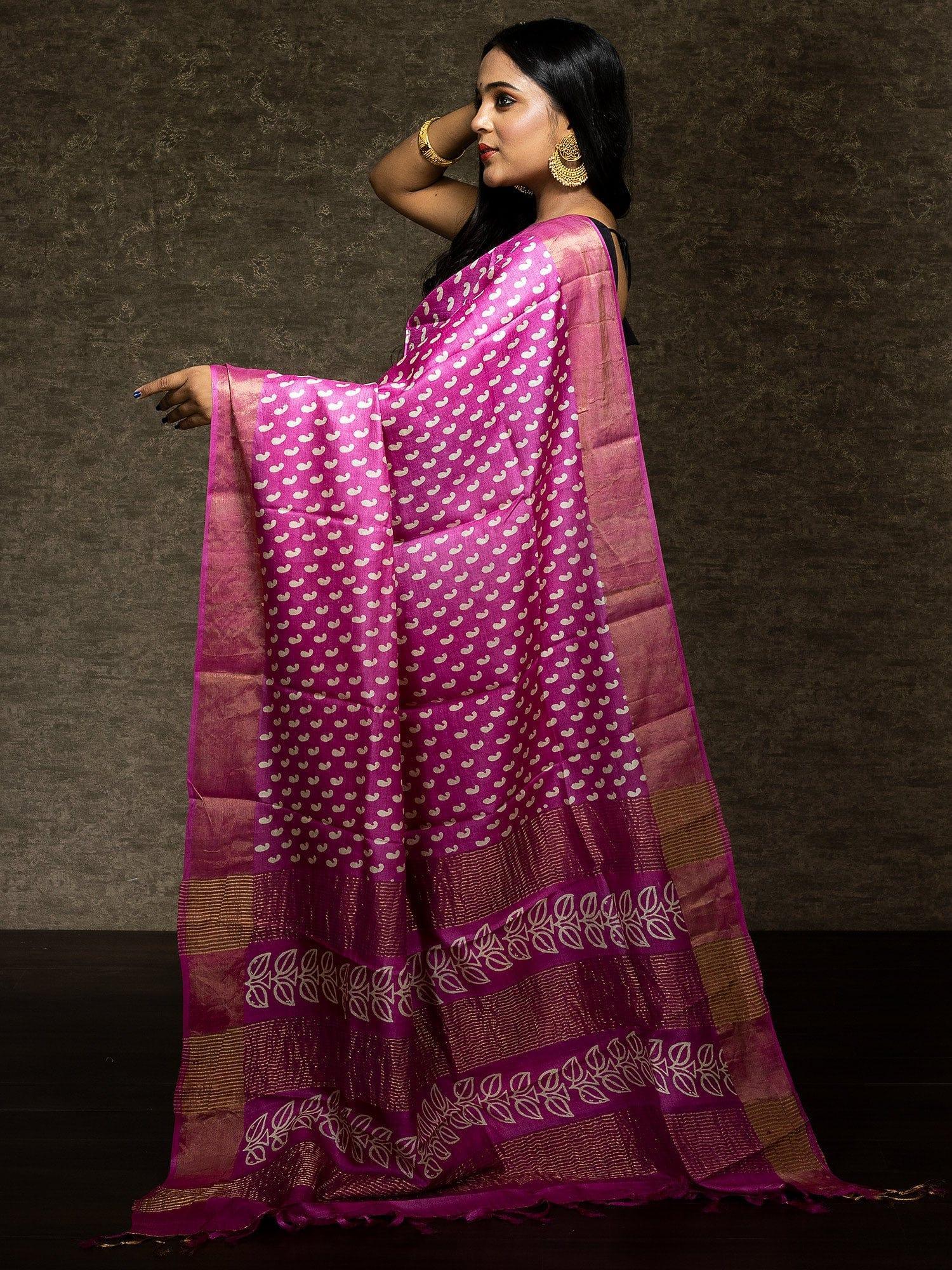 Elegant Frastbite Pink Allover Block Printed Tussar Silk Saree - WeaversIndia