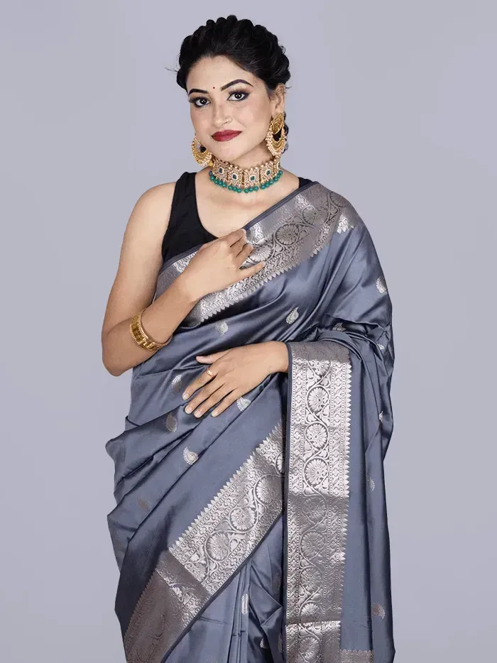 Elegant Gray Par Anchal Buti Katan Silk Saree - WeaversIndia