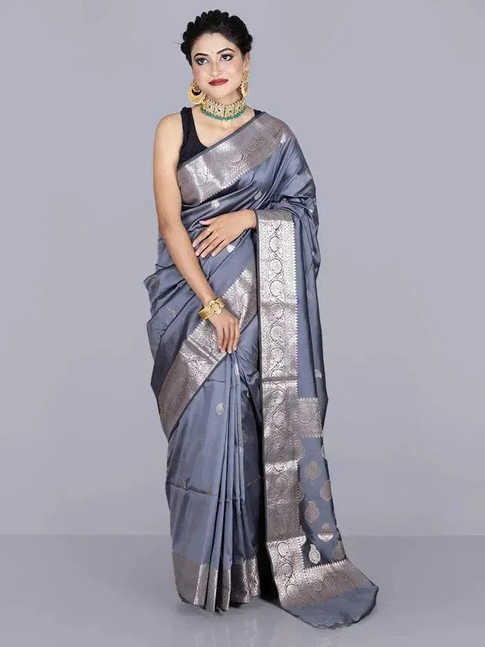 Elegant Gray Par Anchal Buti Katan Silk Saree - WeaversIndia