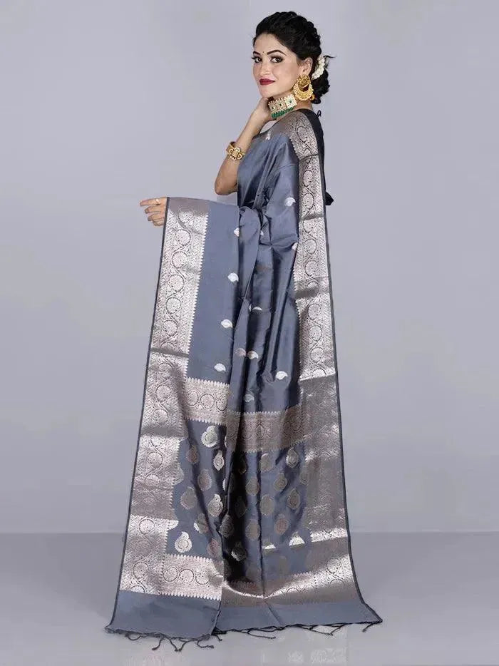 Elegant Gray Par Anchal Buti Katan Silk Saree - WeaversIndia