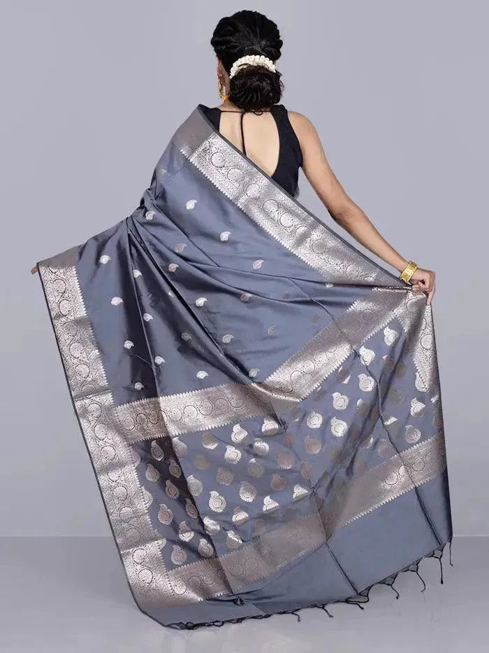 Elegant Gray Par Anchal Buti Katan Silk Saree - WeaversIndia