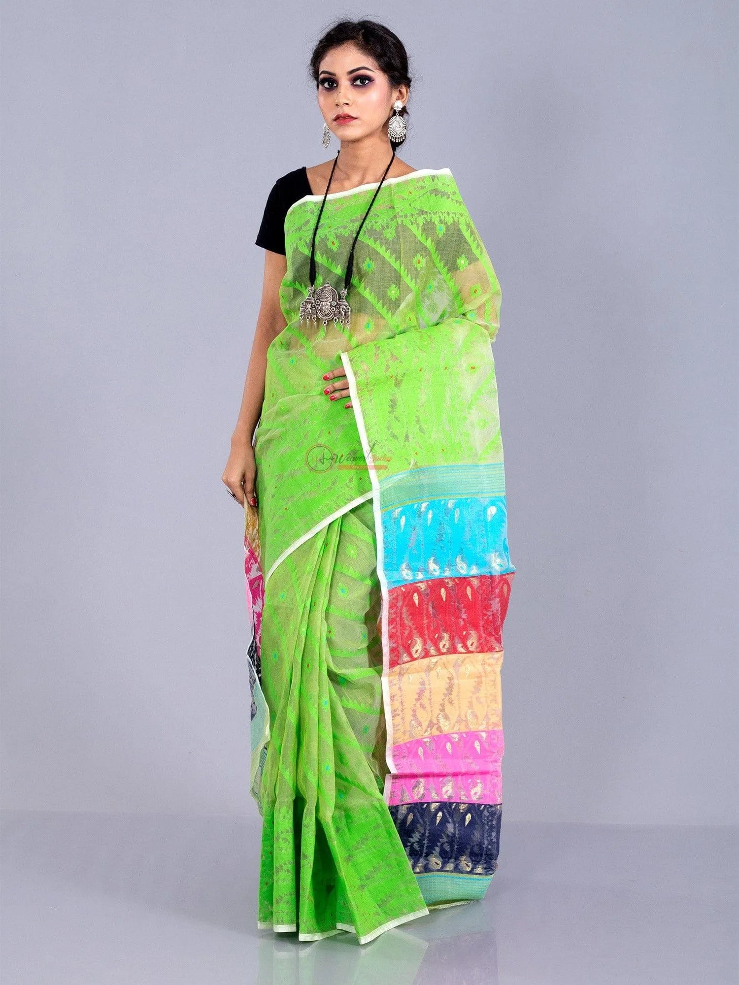 Elegant Green Allover Stif Dhakai Jamdani Saree - WeaversIndia