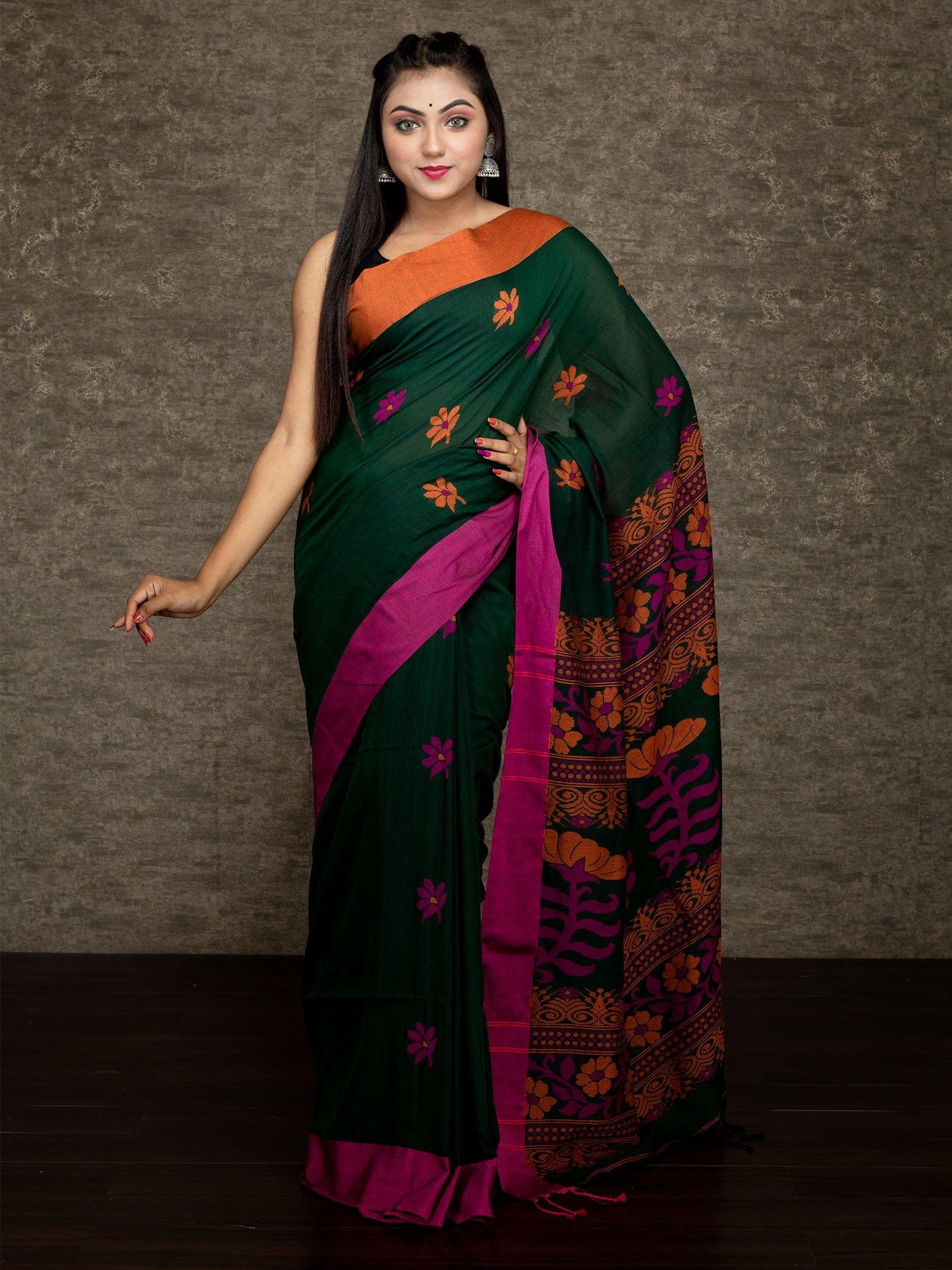 Elegant Green Handwoven Cotton Saree - WeaversIndia