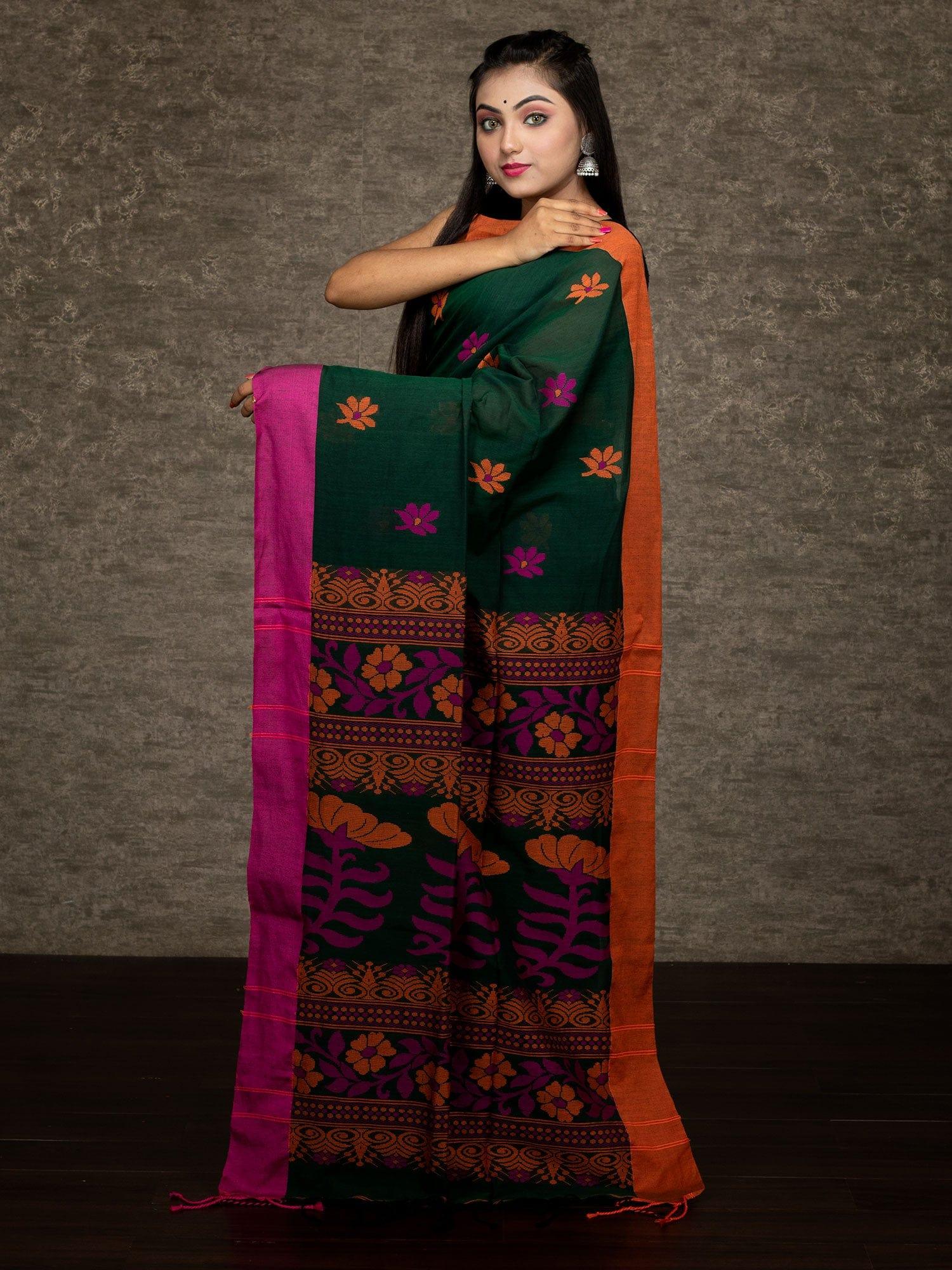 Elegant Green Handwoven Cotton Saree - WeaversIndia