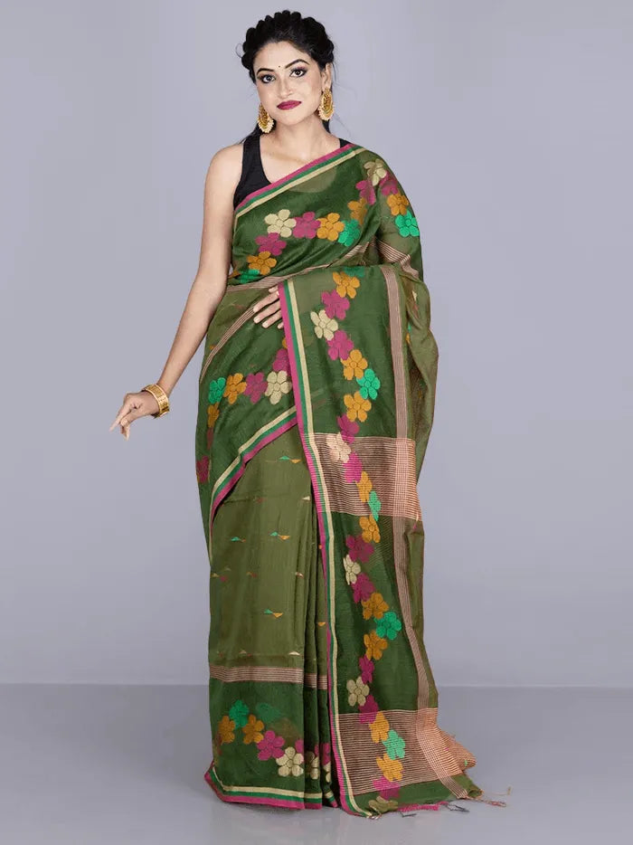 Elegant Green Par Anchal Buti Handloom Saree - WeaversIndia