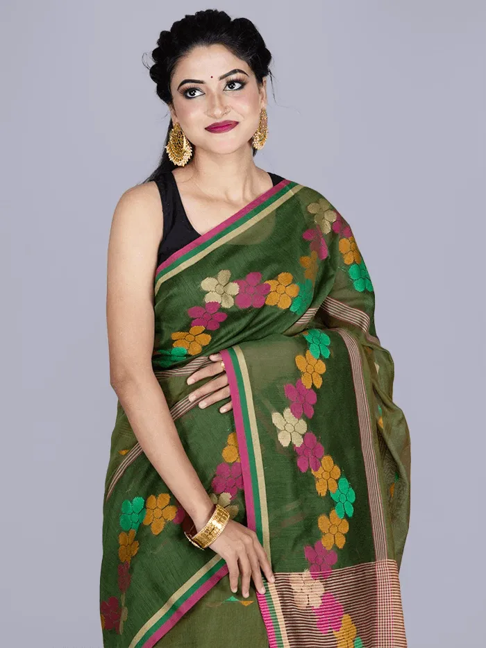 Elegant Green Par Anchal Buti Handloom Saree - WeaversIndia