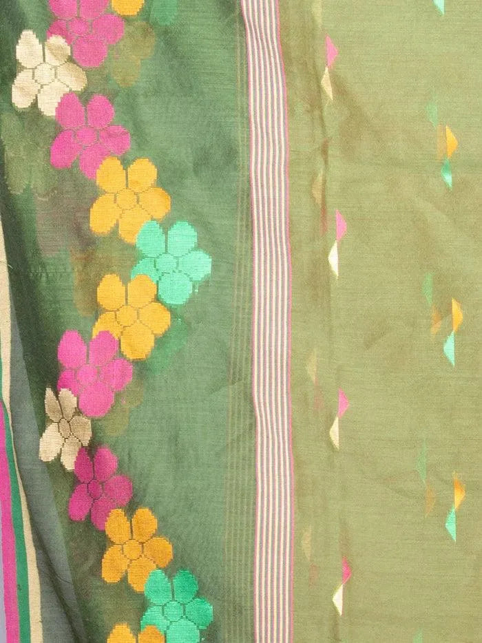 Elegant Green Par Anchal Buti Handloom Saree - WeaversIndia