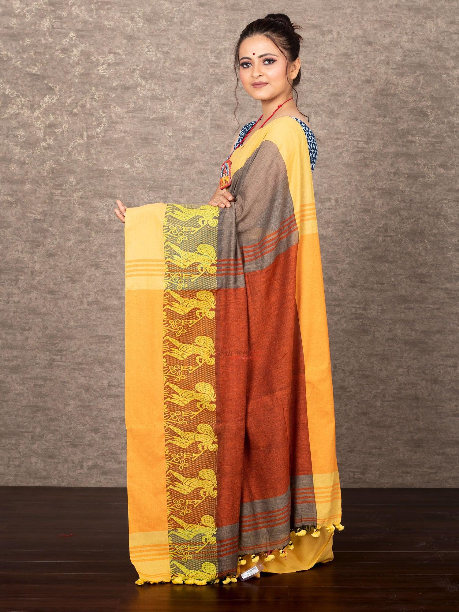 Elegant Grey Par Anchal Runner Cotton Saree - WeaversIndia