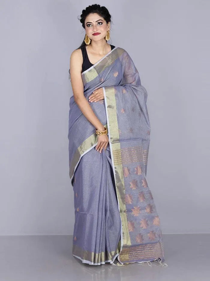 Elegant lavender Par Anchal Buti Handloom Saree - WeaversIndia