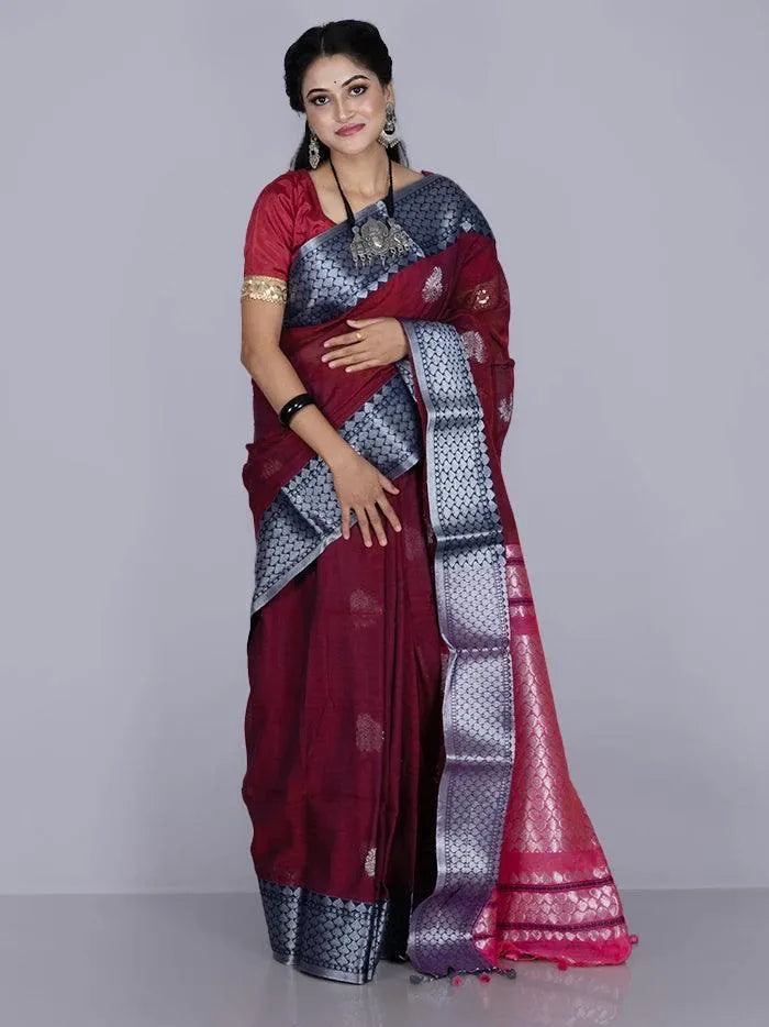 Elegant Maroon Par Anchal Buti Blend Cotton Handloom Saree - WeaversIndia