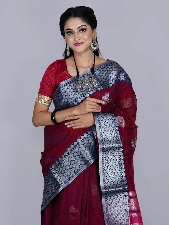 Elegant Maroon Par Anchal Buti Blend Cotton Handloom Saree - WeaversIndia