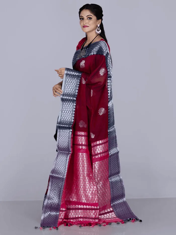 Elegant Maroon Par Anchal Buti Blend Cotton Handloom Saree - WeaversIndia