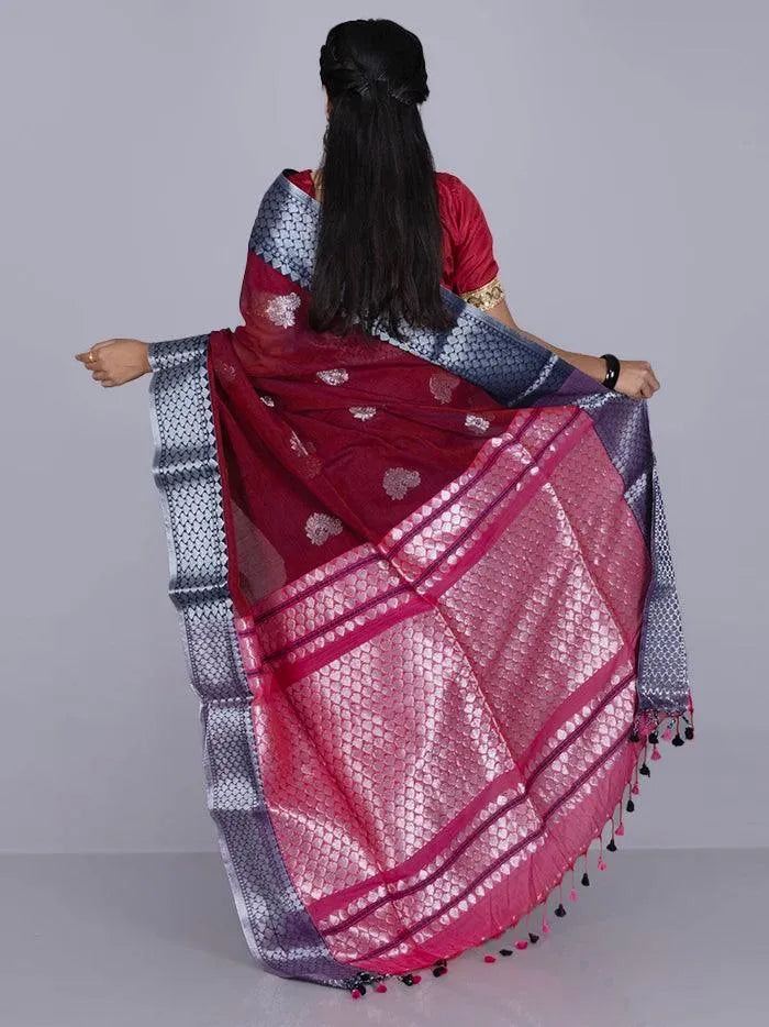 Elegant Maroon Par Anchal Buti Blend Cotton Handloom Saree - WeaversIndia