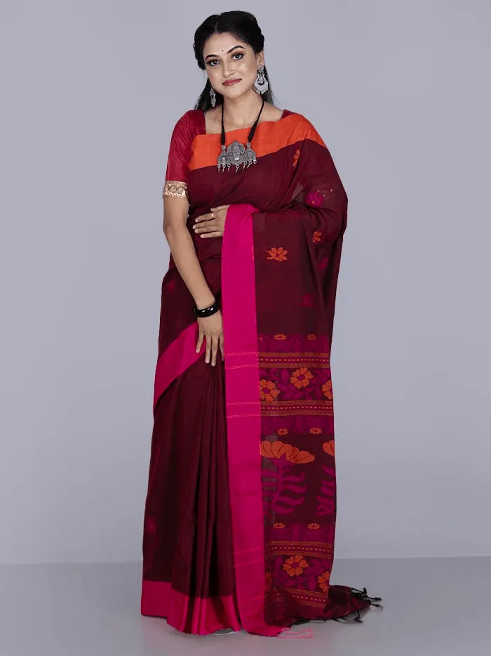 Elegant Maroon Par Anchal Buti Cotton Saree - WeaversIndia